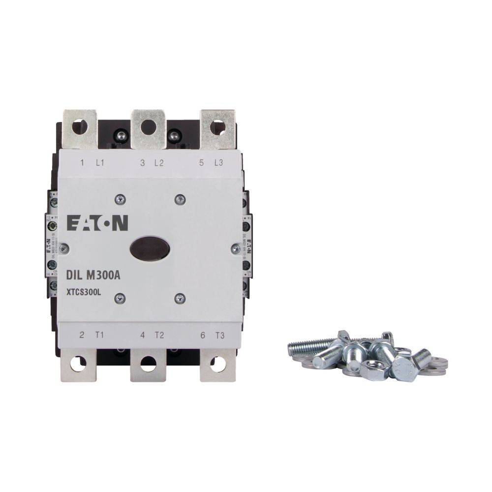 Industriecontactor 'Eaton DIL M300A' mit sichtbaren Anschlussklemmen und Modellnummer 'XTCS300L', neben einem Schraubensatz.
