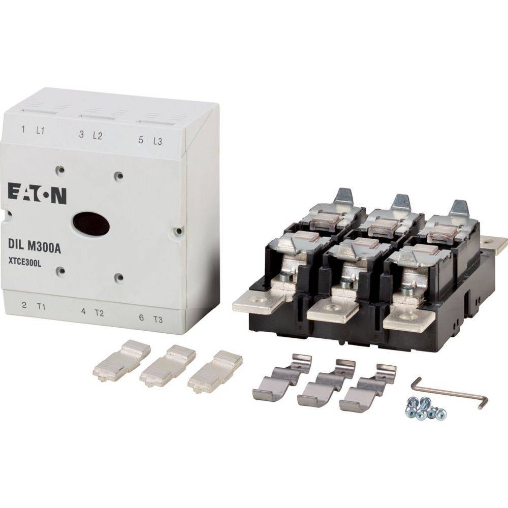 Eaton DIL M300A XTC800L' elektrische Komponente mit mehreren Anschlüssen und Befestigungsschrauben, verwendet für industrielle elektrische Installationen.