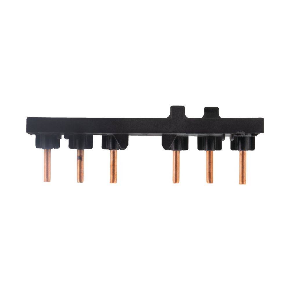 Ein schwarzer Kunststoffverbinder mit sechs nach unten gerichteten Kupferpins, der für elektronische Geräte oder Leiterplattenanschlüsse verwendet wird.
