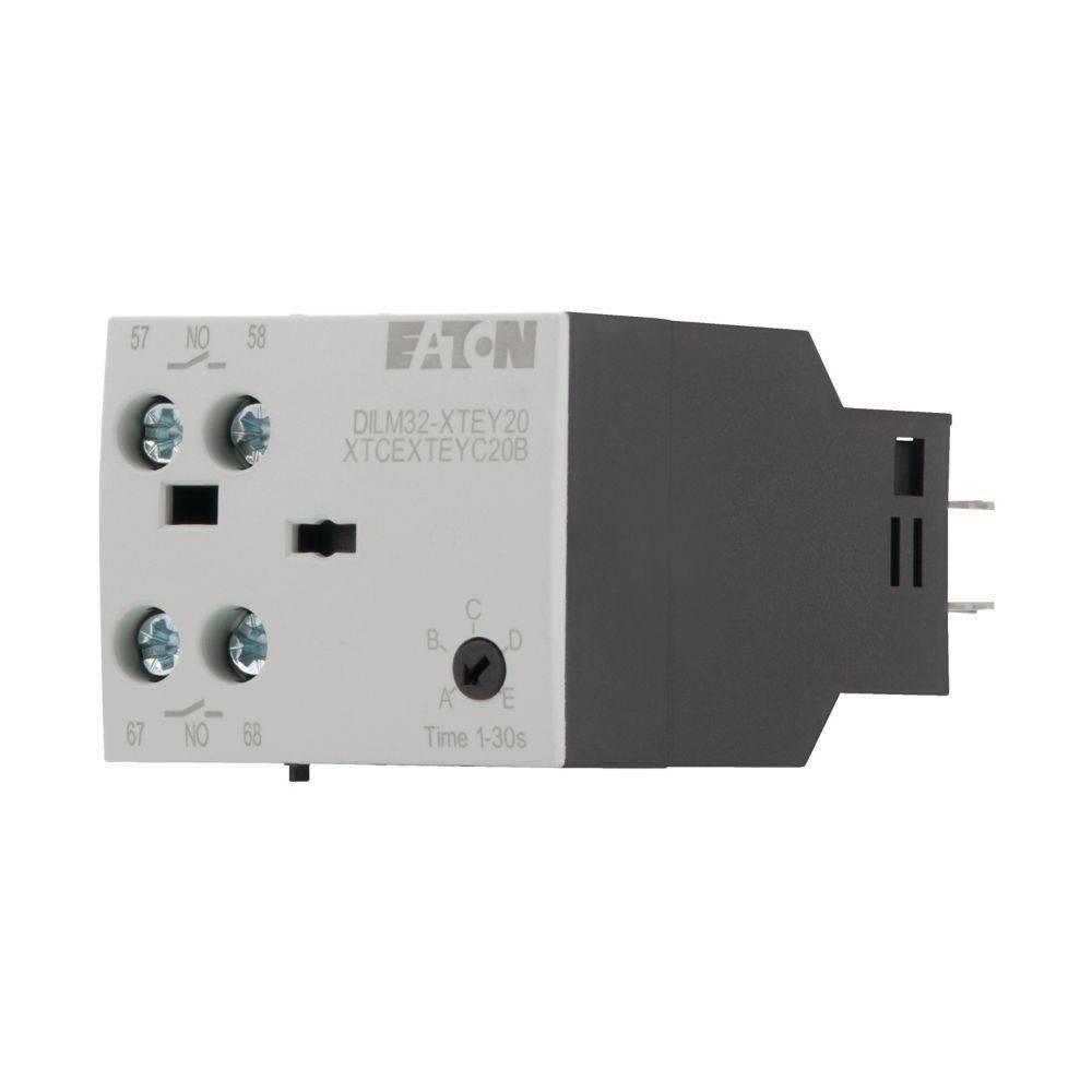 Ein grau-schwarzer elektrischer Relaisschalter der Marke 'Eaton' mit einem einstellbaren Timer von 1-30 Sekunden, ausgestattet mit Schraubklemmen und Kontaktstiften.