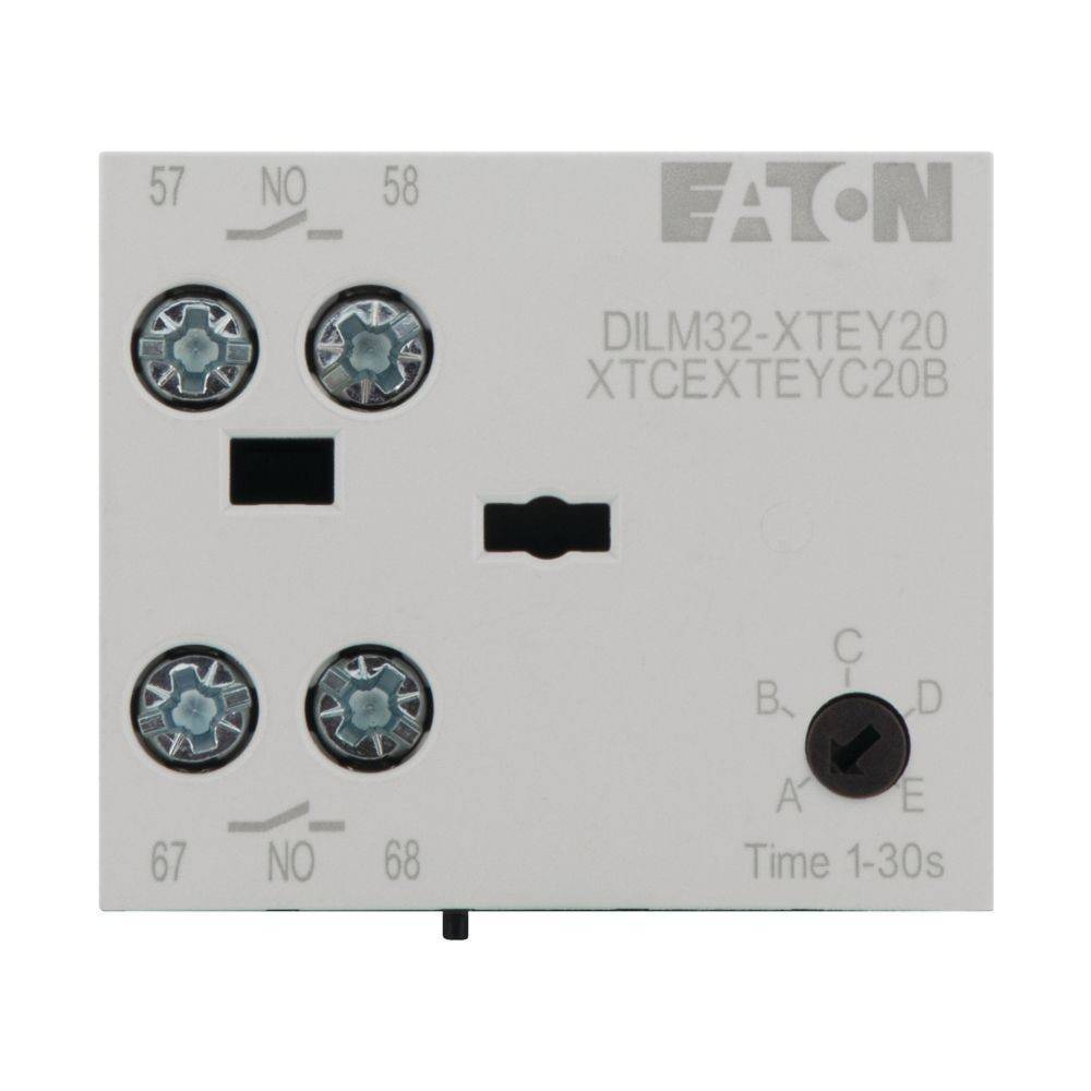 Eaton' elektrische Komponente mit der Bezeichnung 'DILM32-XTEY20'. Zeigt Schraubklemmen mit den Nummern 57, 58, 67, 68 und Wahlschalter mit den Beschriftungen 'A', 'B', 'C', 'D', 'E' für Zeiteinstellungen von 1 bis 30 Sekunden.