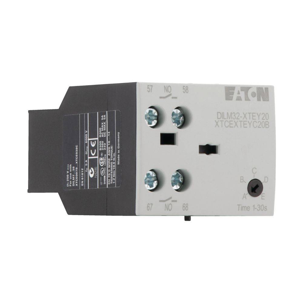 Eaton DILM32-XTEY20 Hilfsschalterblock mit technischen Spezifikationen auf der Vorderseite. Enthält Modellnummer und Anschlusspunkte.