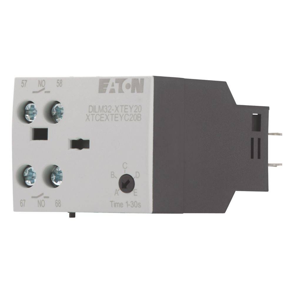 Eine Seitenansicht eines Eaton-Zeitrelais mit den Modellnummern 'DLM32-XTEY20' und 'XTCEXTYC20B'. Das Relais verfügt über mehrere Anschlusspins.