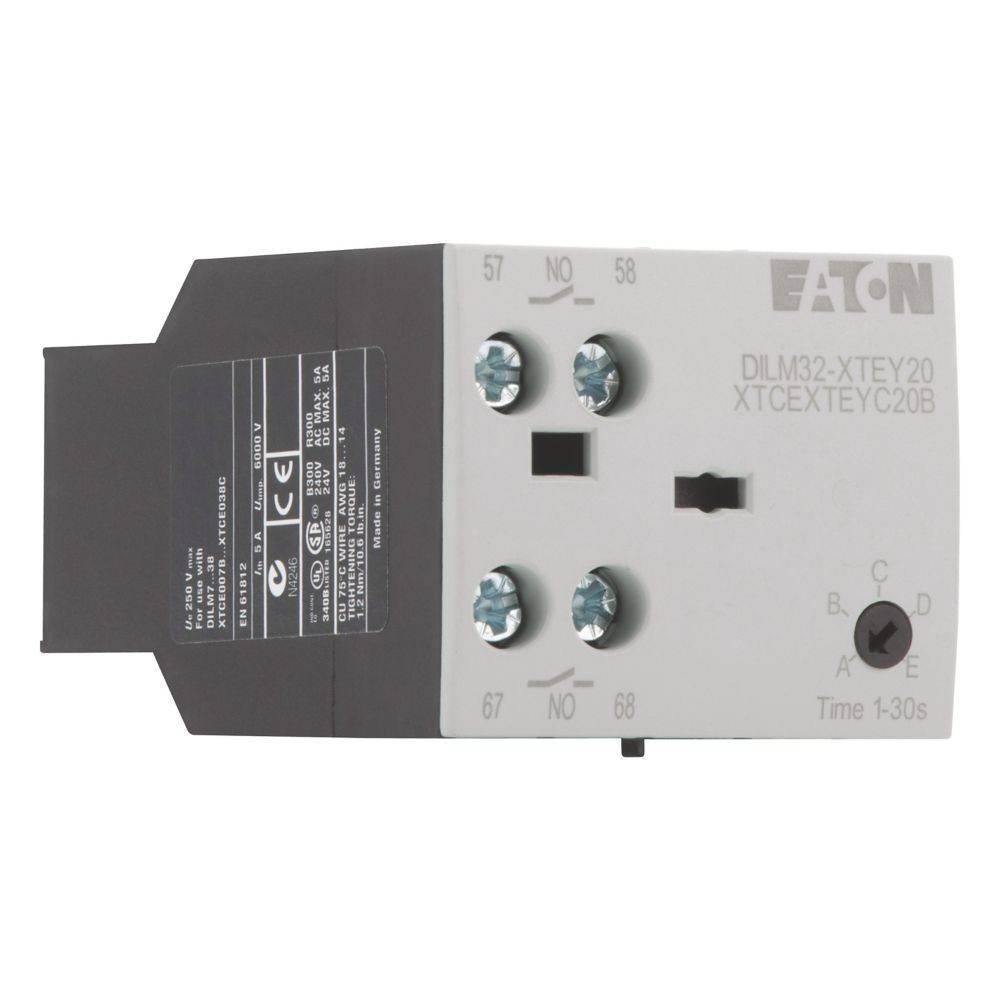 Elektrisches Relais mit der Bezeichnung 'Eaton DILM32-XTEY20', ausgestattet mit Anschlussklemmen und einer Zeitverzögerungseinstellung mit der Beschriftung 'Zeit 1-30s'.