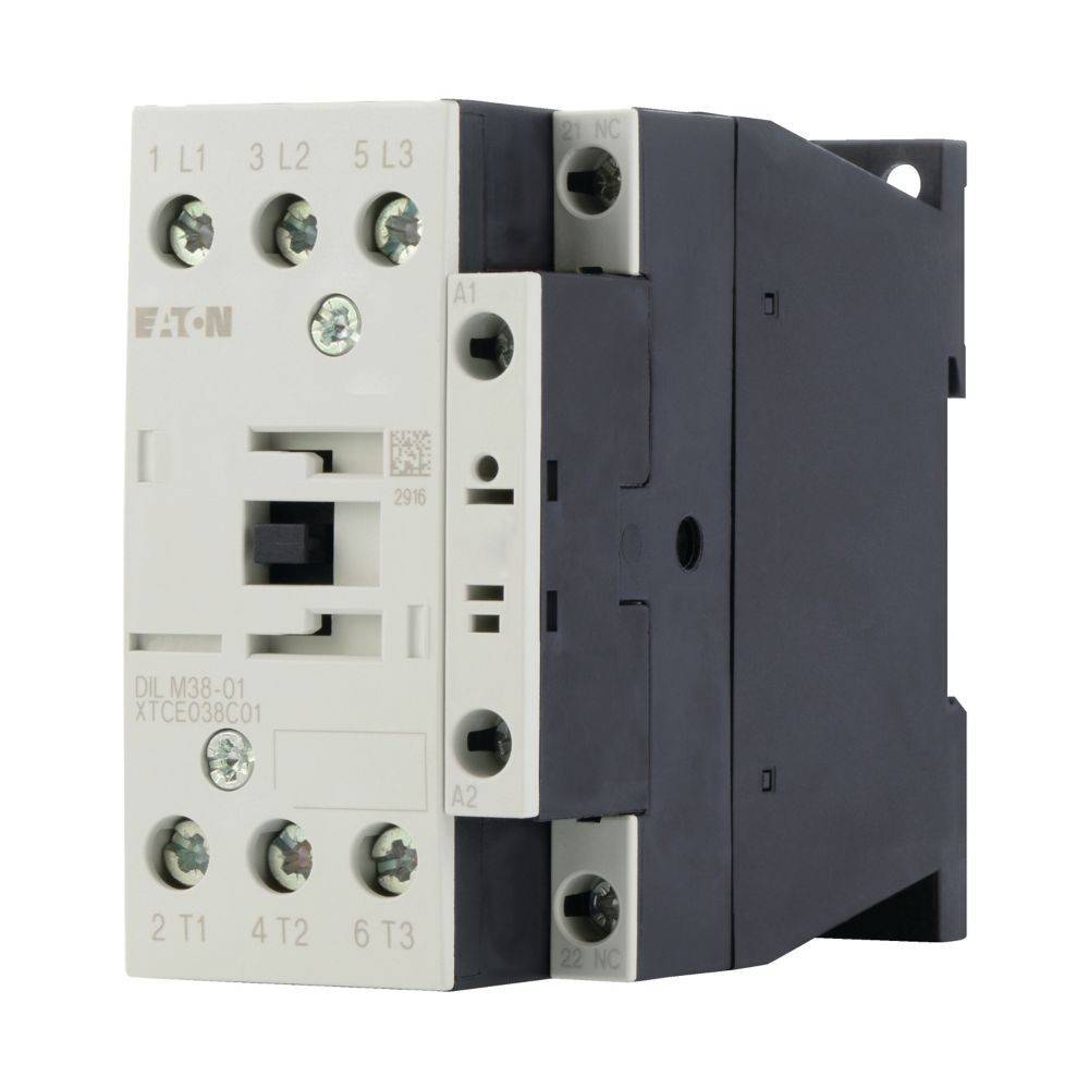 Seitenansicht eines Eaton-Kontaktors des Modells DL.M38-01 mit verschiedenen Klemmverbindungen und Schraubbefestigungen, verwendet in elektrischen Schaltkreisen.