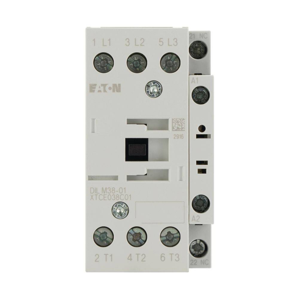 Eaton-Schütz Modell DIL M38-01 XTCE038C01 mit beschrifteten Anschlüssen und Komponenten auf einem weißen Gehäuse.