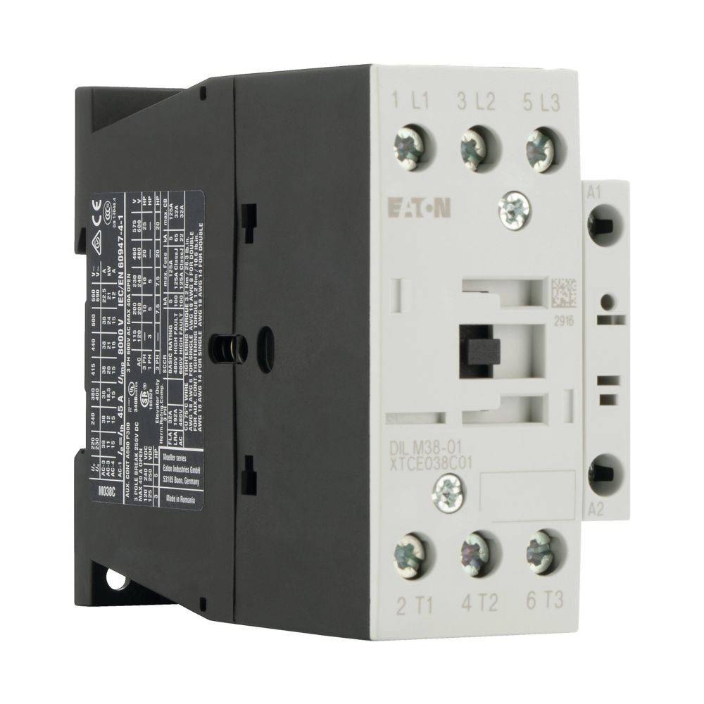 Elektrischer Schütz, Modellreihe gekennzeichnet mit 'Eaton', mit mehreren beschrifteten Anschlüssen und technischen Spezifikationen auf dem Seitenpanel.