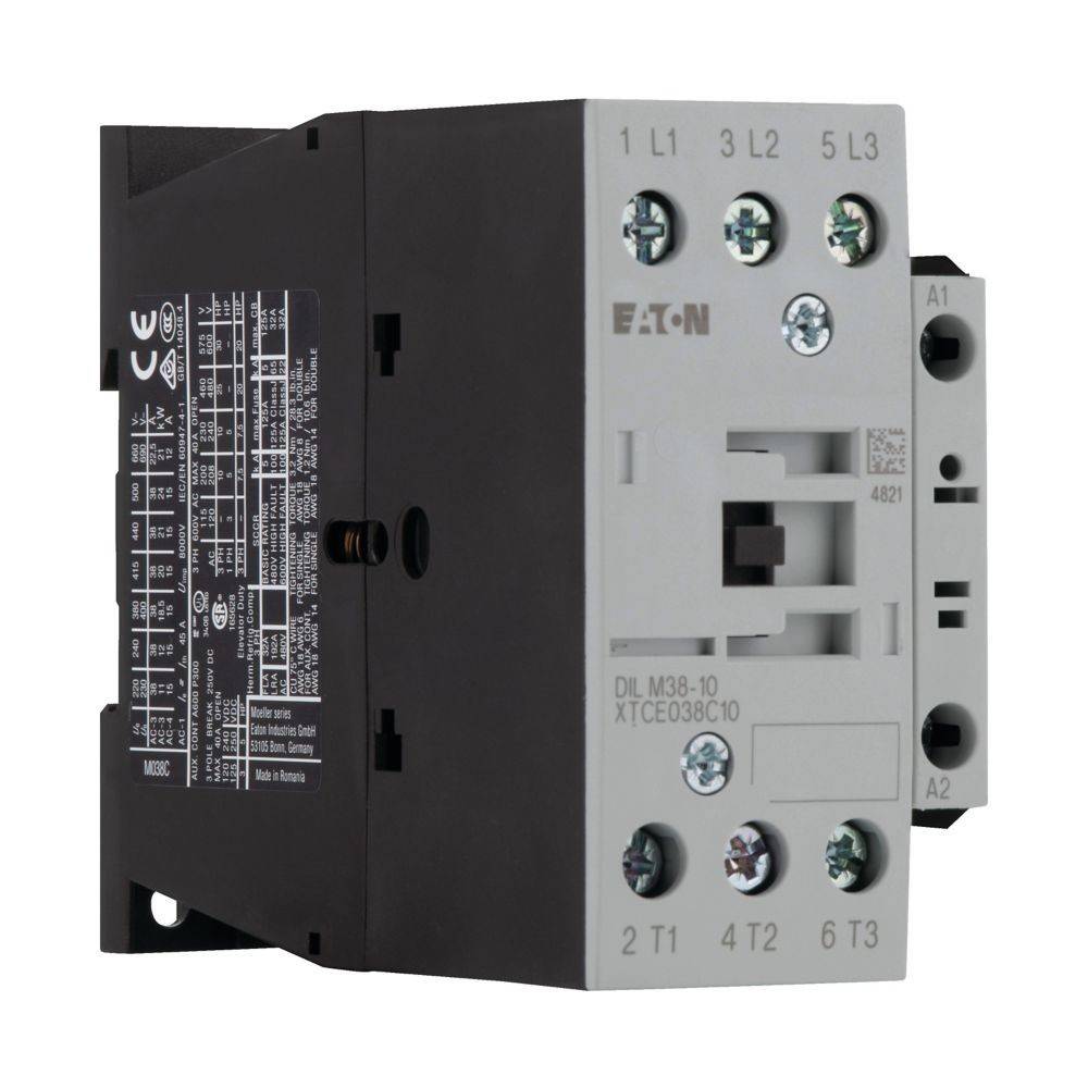Eaton-Schütz Modell DIL M38-10 Frontansicht, zeigt Anschlusspunkte L1, L2, L3, T1, T2, T3, um einen grauen und schwarzen rechteckigen Körper.