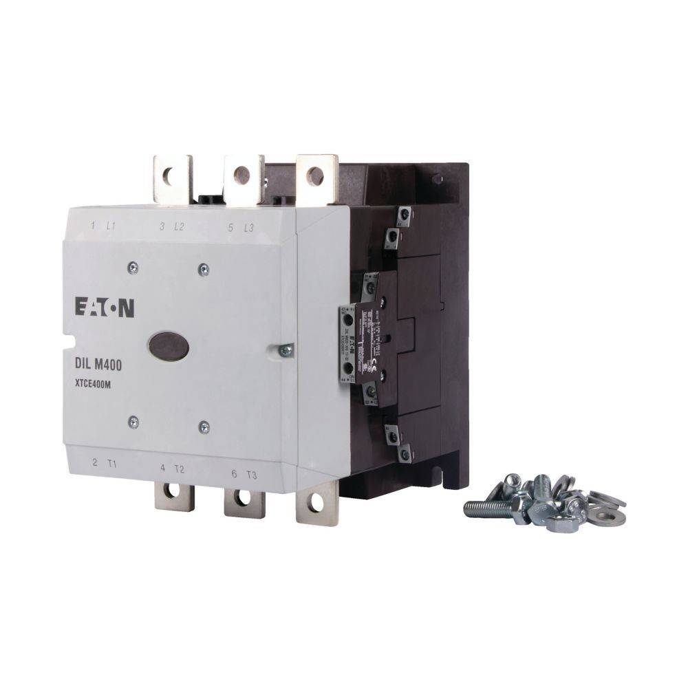 EATON DIL M400' Schütz, ausgestattet mit beschrifteten Anschlüssen L1, L2, L3, mit einer eleganten weißen Frontplatte und metallfarbenen Anschlussklemmen.