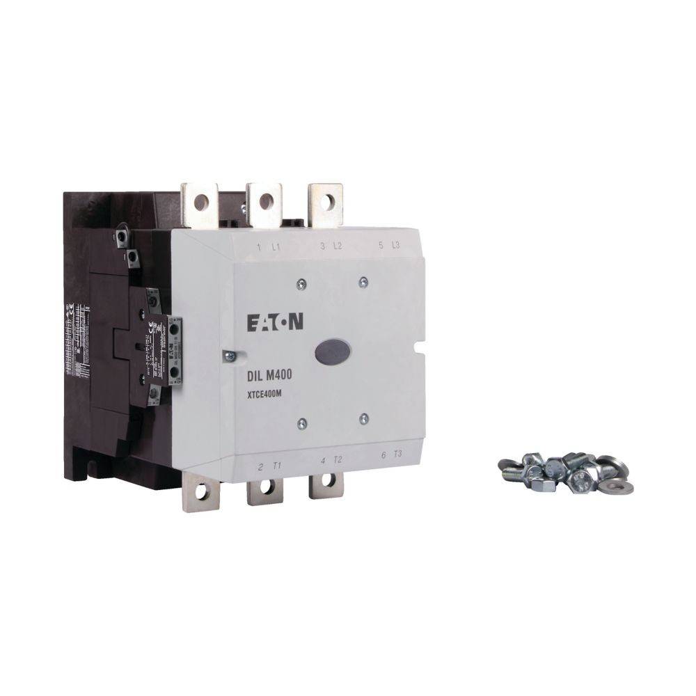 EATON DIL M400' Motorschütz mit sichtbaren Befestigungslaschen und Schraubensatz, verwendet zur Steuerung großer Industriemotoren.