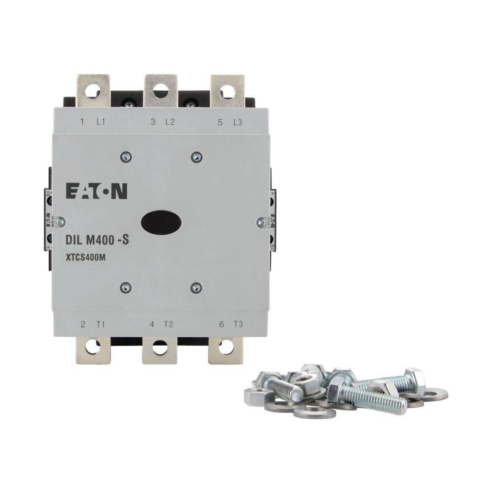 Eaton DIL M400-S' elektrischer Schütz. Verfügt über dreiphasige Anschlüsse, gekennzeichnet mit L1, L2, L3 und T1, T2, T3, inklusive Befestigungsschrauben.