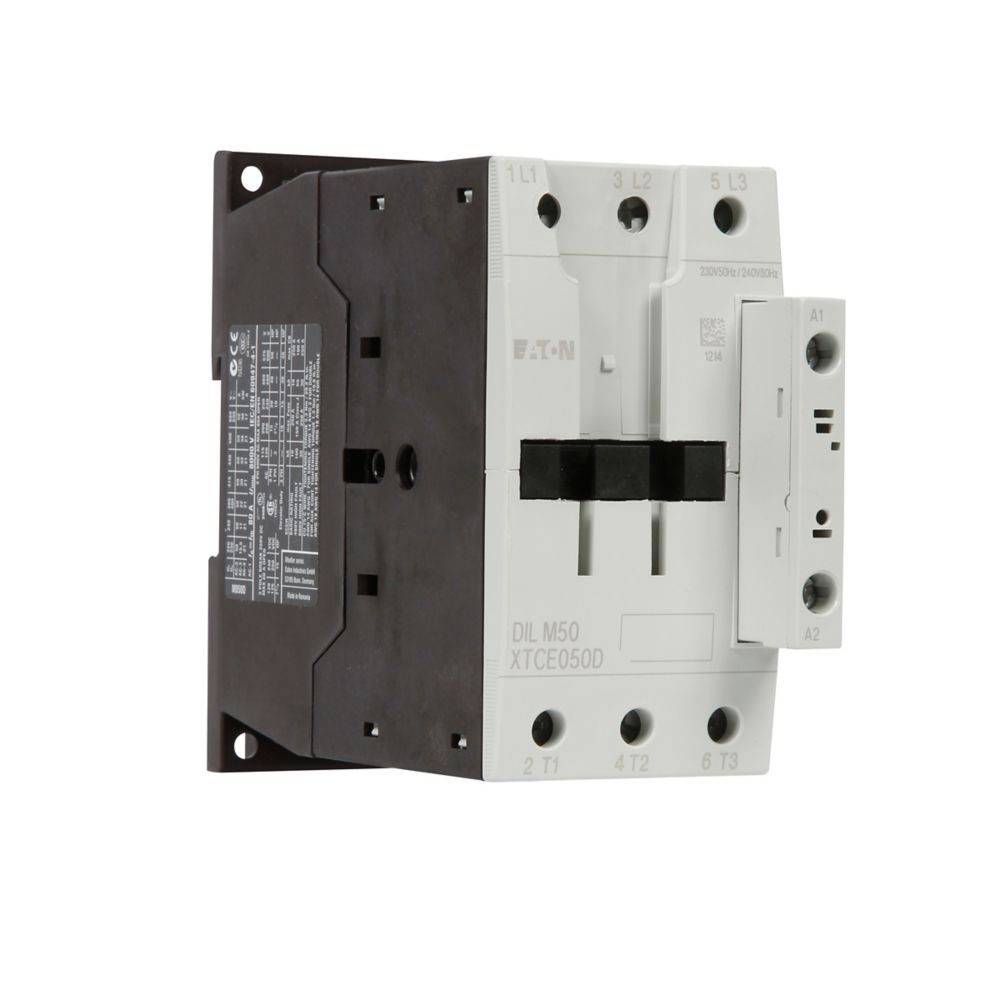 Eaton-Schütz mit sichtbaren Spulen- und Klemmenbeschriftungen, Modell DILM50 XTCED5D, für industrielle elektrische Anwendungen.