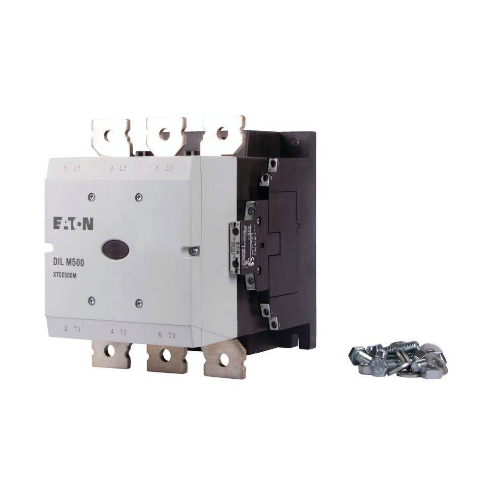 Eaton DIL M500 Schütz gezeigt mit sechs Schraubklemmen für industrielle elektrische Anwendungen. Inklusive Schrauben zur Befestigung.