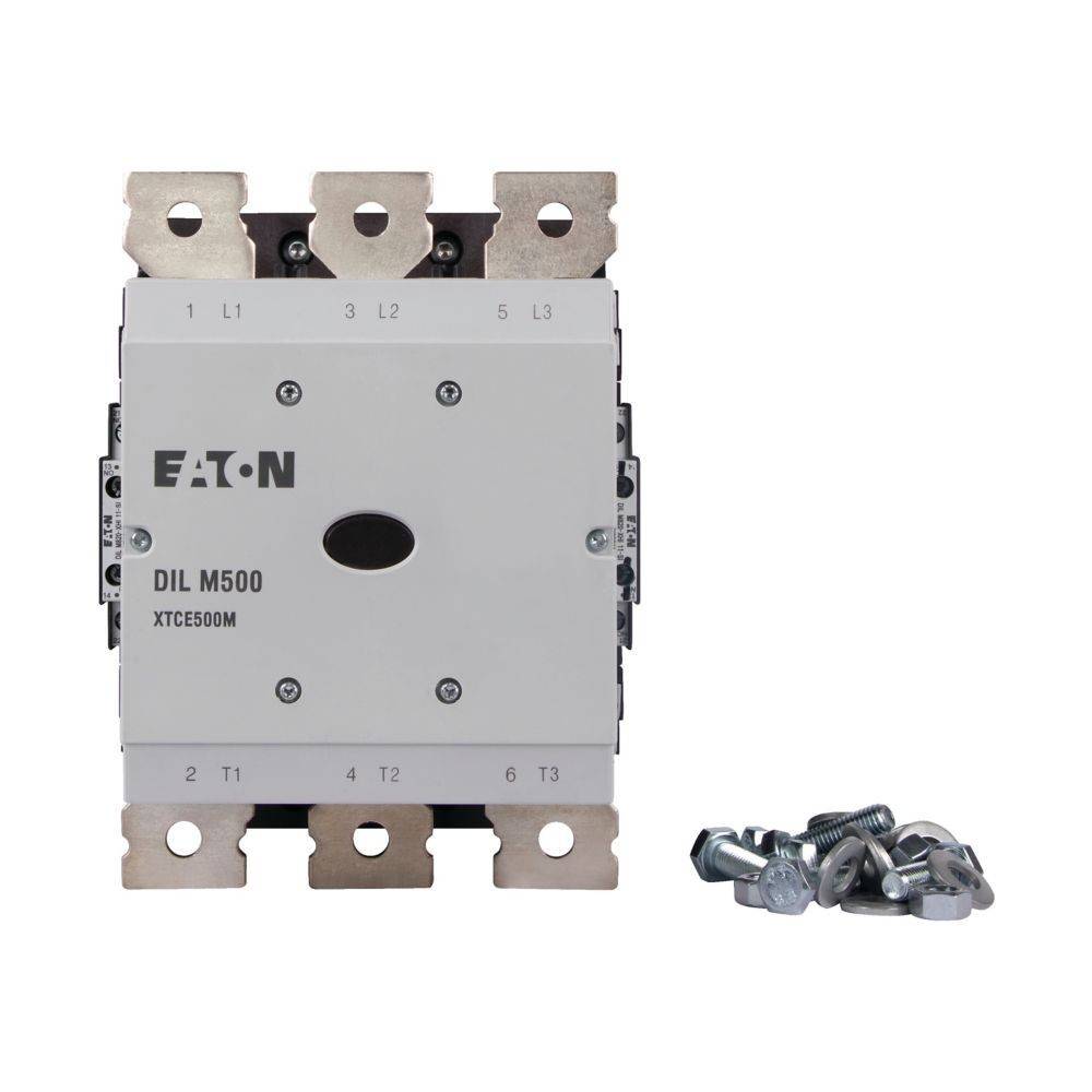 Elektrischer Eaton DIL M500 Schütz mit mehreren Anschlussklemmen, Modell XTCG500M, dargestellt neben den Befestigungsschrauben für die Installation.
