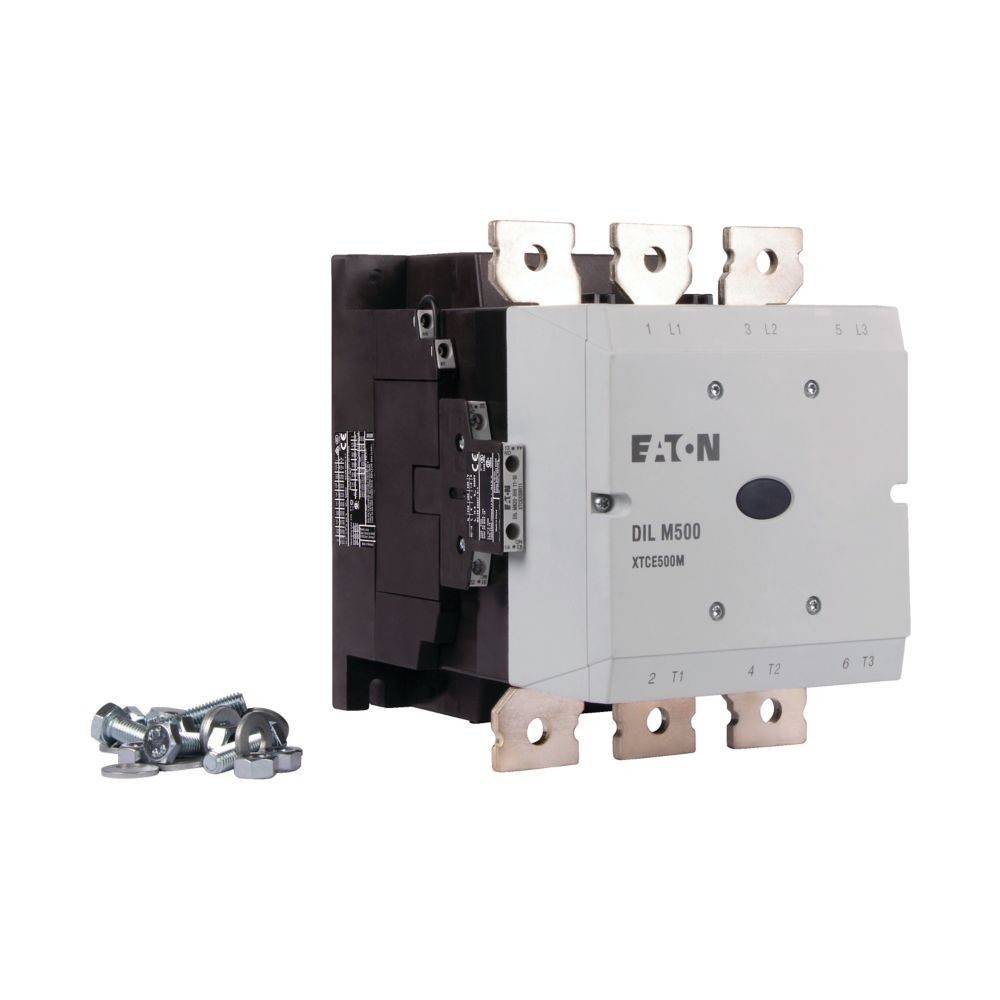 Eaton DIL M500 Schütz mit Metallverbindern und Seitenansicht, verwendet zum Schalten elektrischer Schaltkreise, mit Hervorhebung des Frontdesigns.