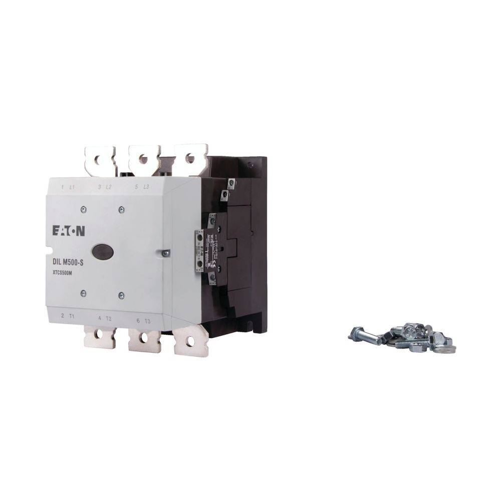 Eaton DIL M500-S Industrieschütz, dargestellt mit Metall-Anschlussklemmen für elektrische Verbindungen und zusätzlichem Befestigungszubehör.