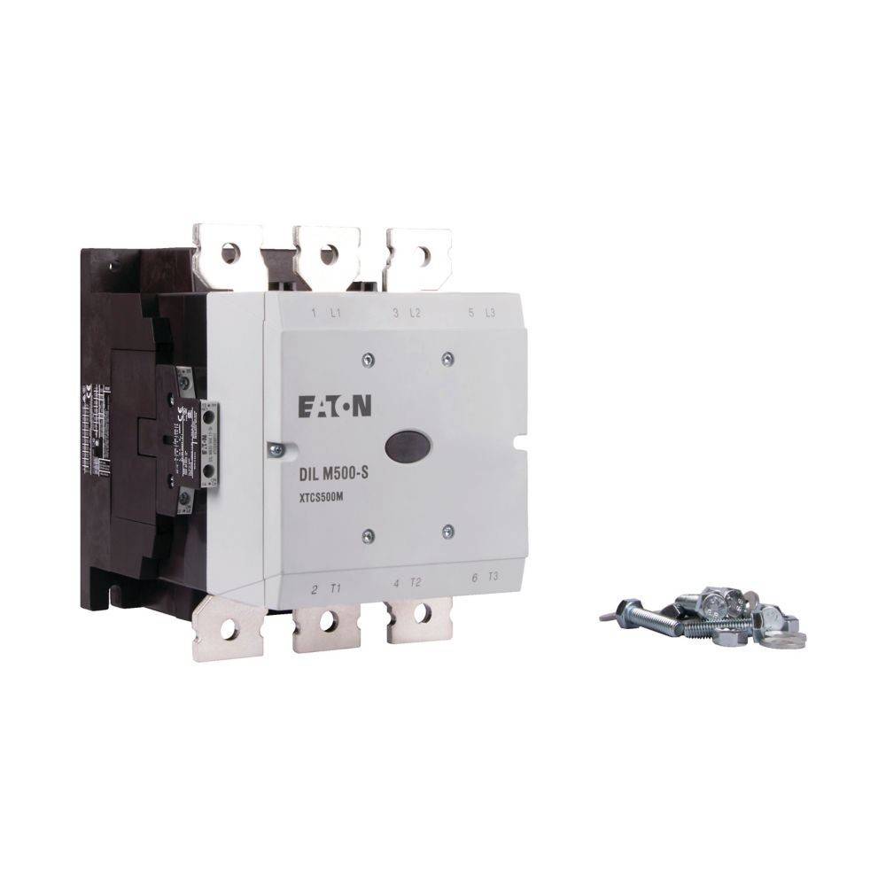 Elektrischer Schütz 'Eaton DIL M500-S', ein Gerät zum Schalten elektrischer Stromkreise, dargestellt zusammen mit Befestigungszubehör.