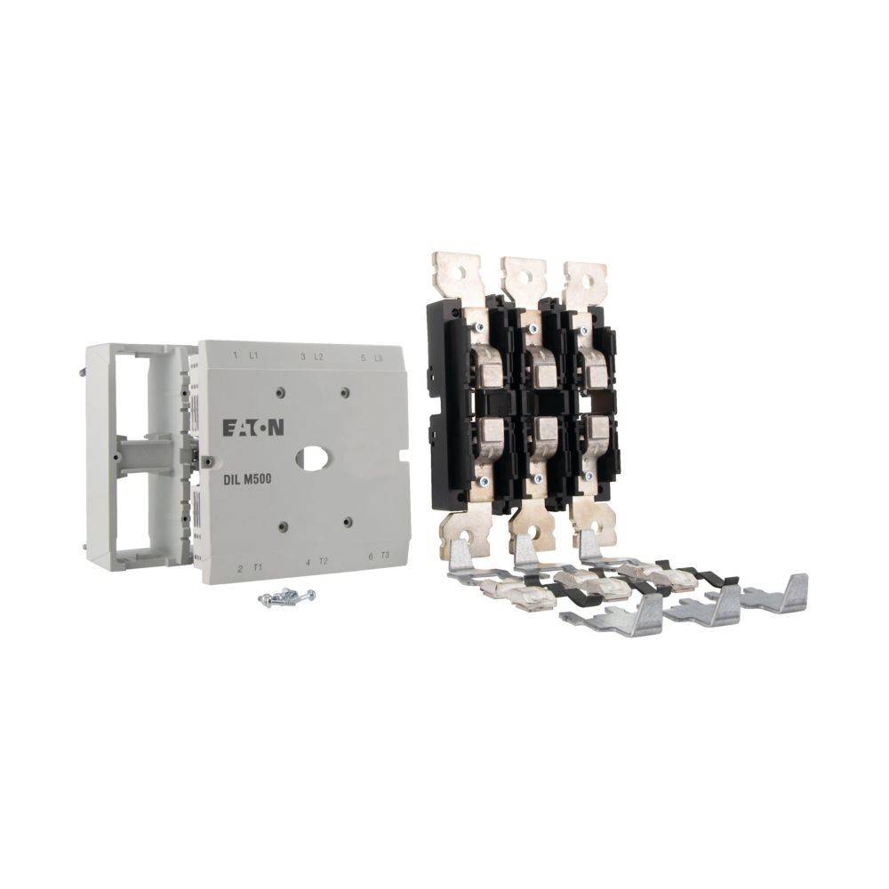 Eaton DIL M500' Schütz mit freigelegten Komponenten und Anschlüssen, was seinen zerlegten Zustand für die Installation veranschaulicht.