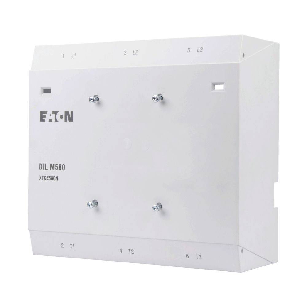Eaton DIL M580' Elektrokomponenten-Gehäuse, weißer rechteckiger Kasten mit beschrifteten Anschlusspunkten: L1, L2, L3, 1, 2, 3, 4.