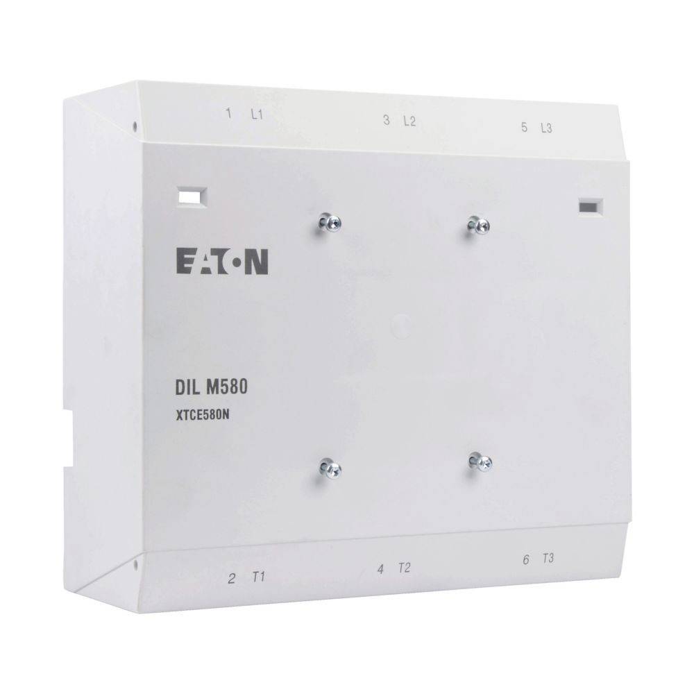 Eaton DIL M580 Schütz. Weißes Gehäuse mit beschrifteten Anschlussklemmen für elektrische Verbindungen. Modellnummer XTCE580N auf der Vorderseite sichtbar.