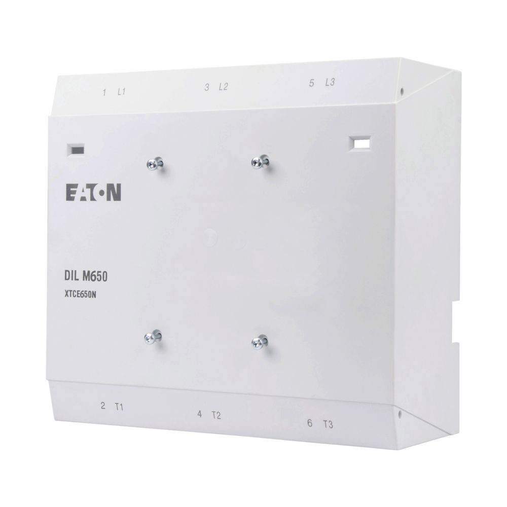 Das 'Eaton DIL M650 XTCE650N' Gerät, mit Frontplatte und beschrifteten Anschlusspunkten L1, L2, L3 sowie T1, T2, T3; weißer Hintergrund.