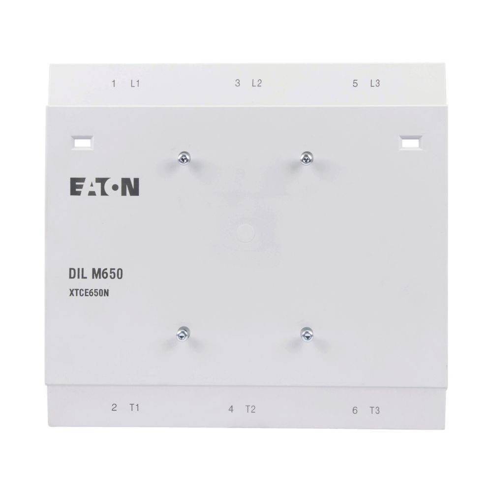 Eaton DIL M650 XTCE650N Schütz, sechs Anschlusspunkte gekennzeichnet als L1, L2, L3, T1, T2, T3, entwickelt für leistungsstarkes Schalten.