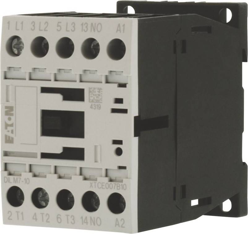 Eine schwarz-weiße elektrische Komponente, genauer ein Schütz, mit sichtbaren Anschlüssen, die mit L1, L2, L3 und T1, T2, T3 beschriftet sind. Wird in industriellen Anwendungen eingesetzt.