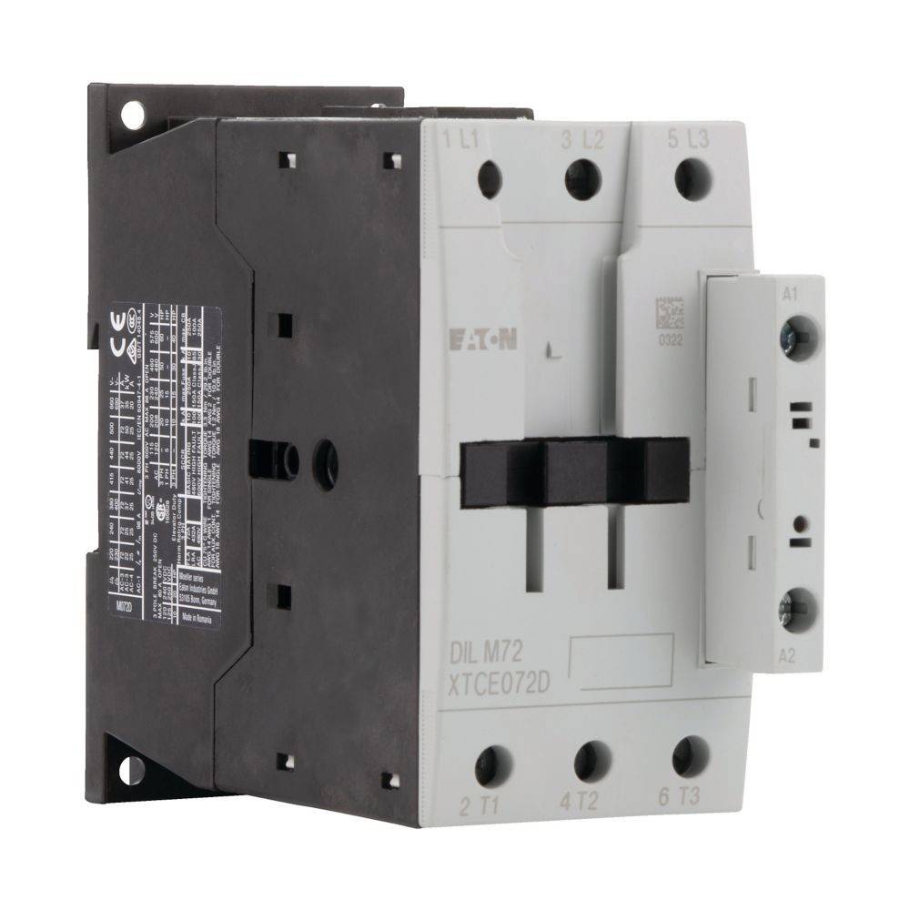 Eine schwarz-weiße elektrische Komponente mit der Bezeichnung 'Eaton DIL M72 XTCE072D' mit mehreren Anschlusspunkten, die zur Schaltungssteuerung verwendet wird.
