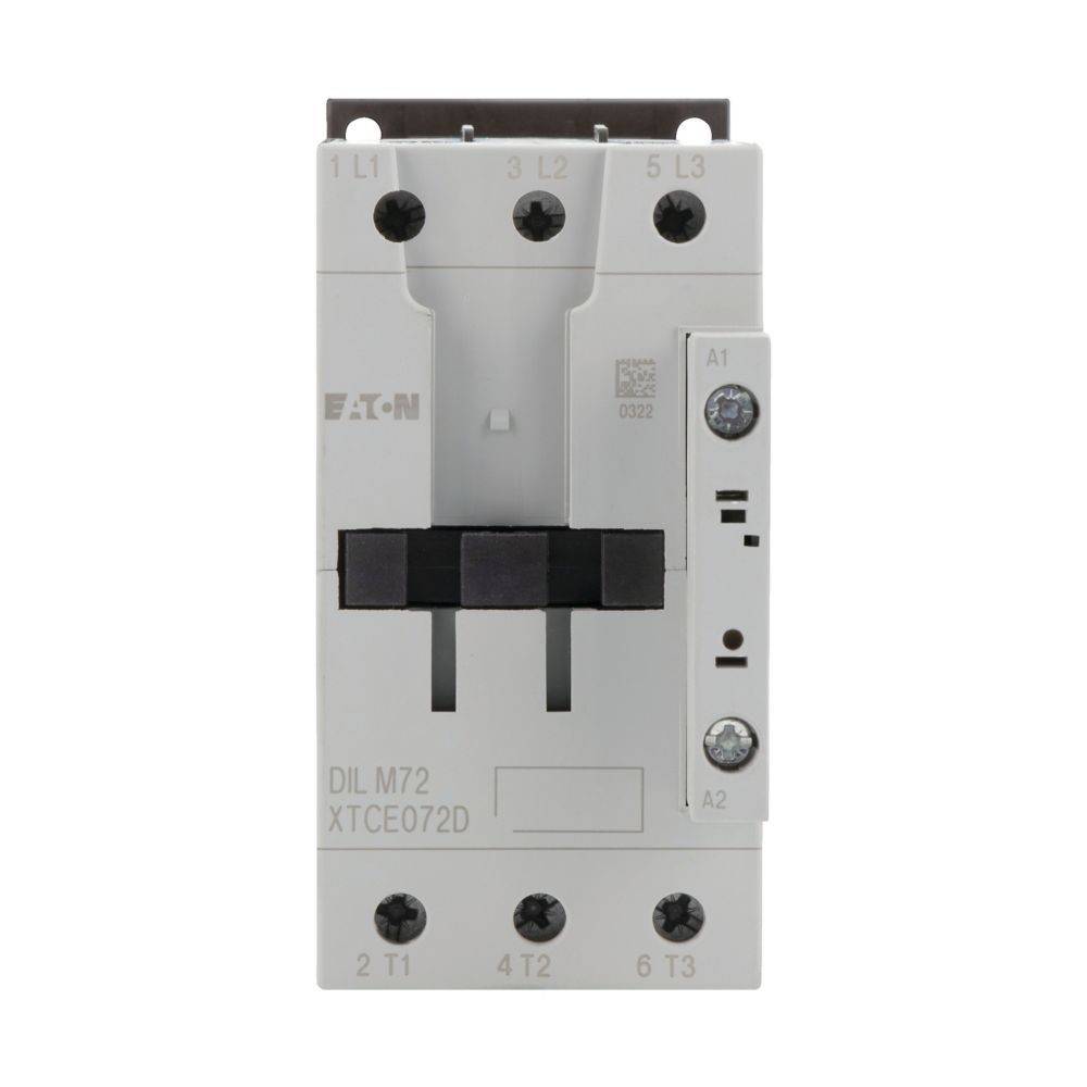 Frontansicht eines weißen elektrischen Schützes mit schwarzen Komponenten, beschriftet mit 'Eaton DIL M72 XTCE072D'. Zwei Reihen von Anschlussklemmen sind sichtbar.