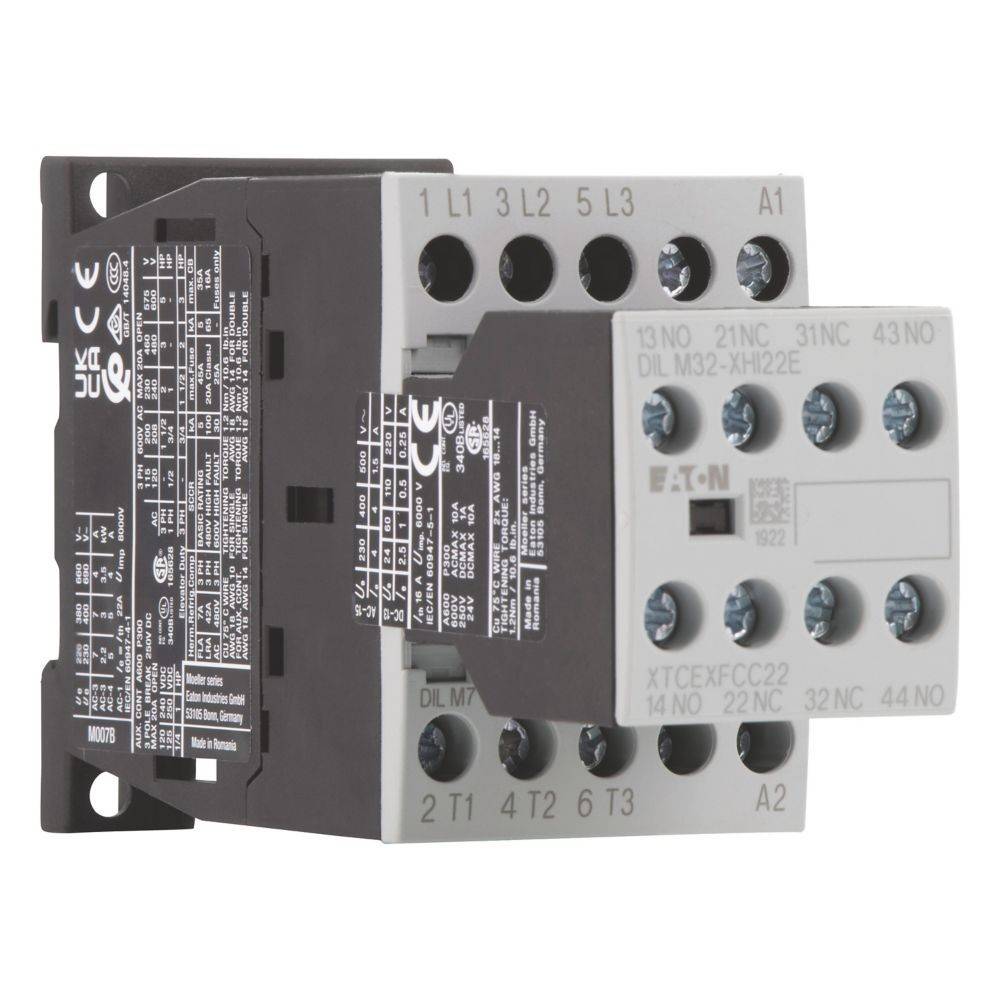 Eaton XTCEFXC22 industrieller Schütz mit mehreren Schraubklemmen, Seitenansicht mit detaillierter Beschriftung und elektrischen Spezifikationen.