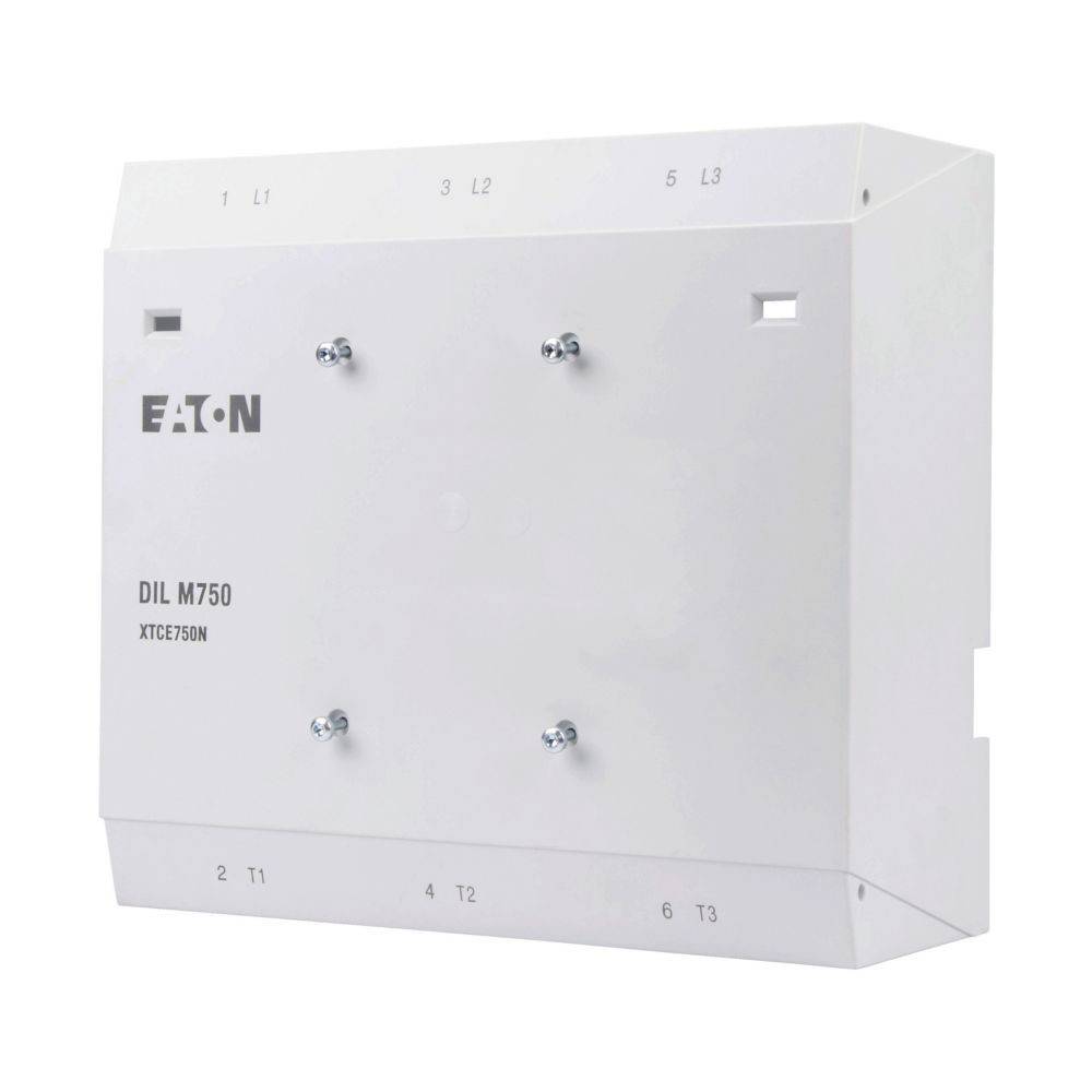 Eine weiße elektrische Schützklemme mit der Beschriftung 'Eaton DIL M750' mit Anschlusspunkten für dreiphasigen Strom, ausgelegt für industrielle Anwendungen.