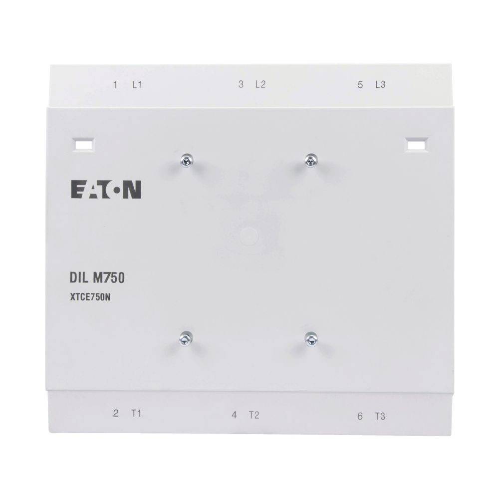 Eaton DIL M750 XTCE750N Schütztafel, beschriftet mit Klemmennummern und Markenlogo.