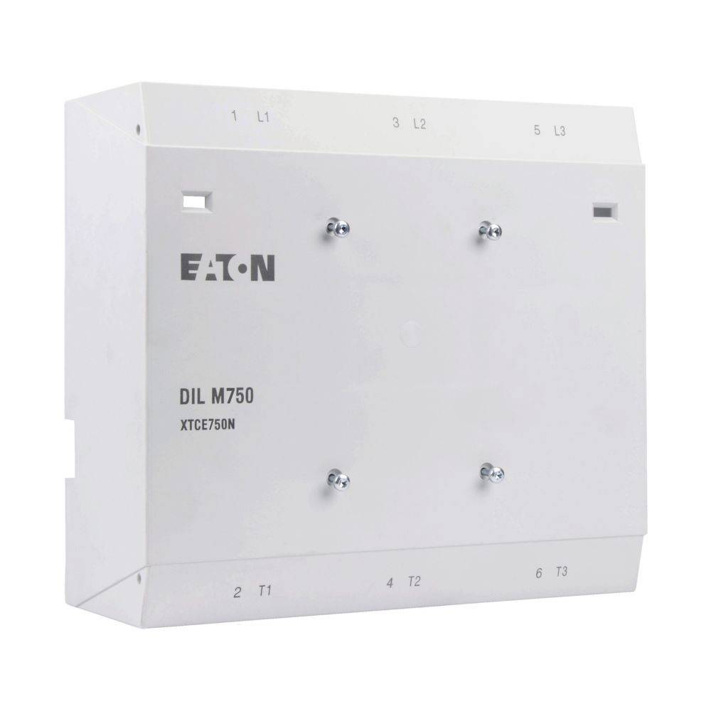 Eaton DIL M750 XTCE750N Schütz mit gekennzeichneten Anschlusspunkten L1, L2, L3, T1, T2, T3 und minimalistischem Design.