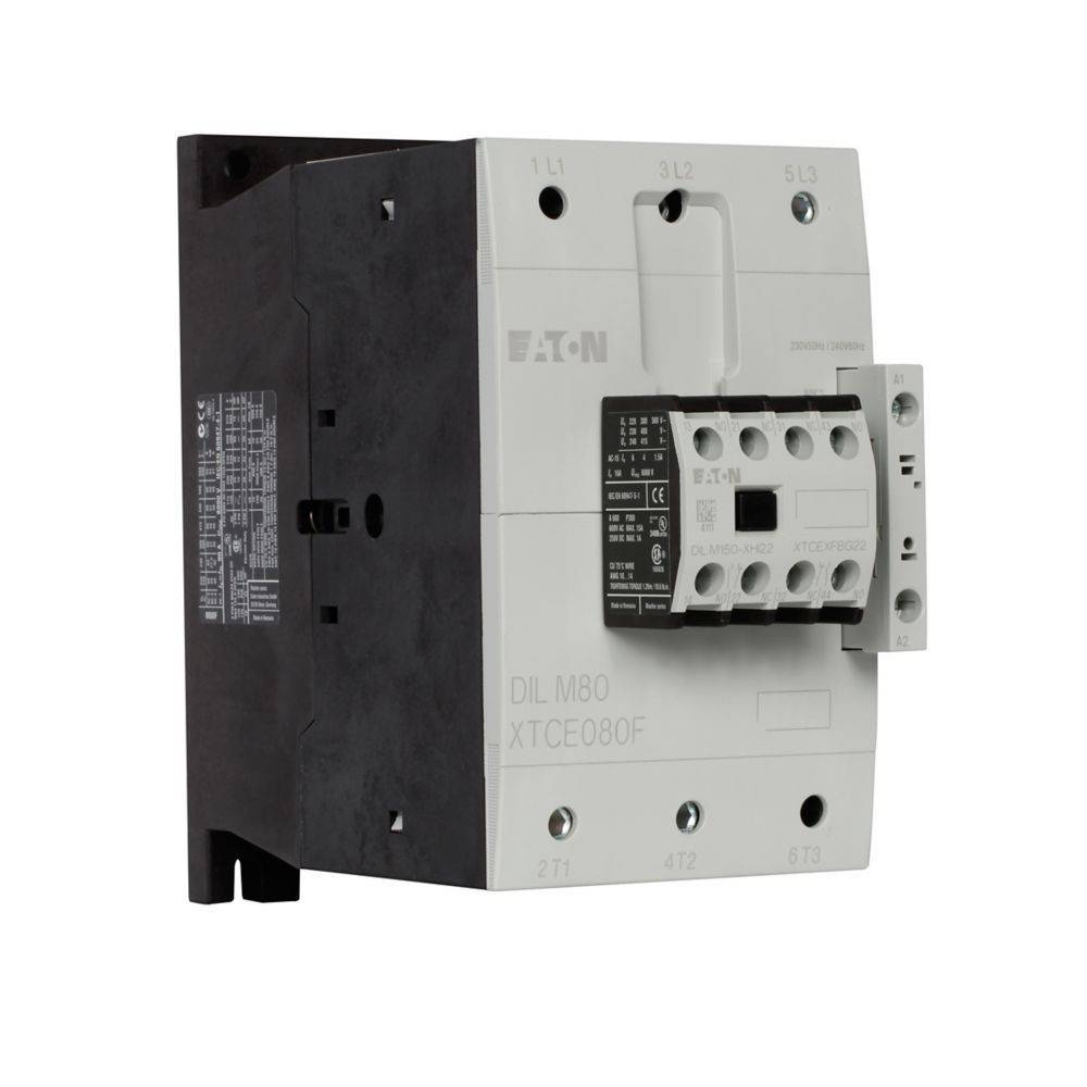 Ein Nahaufnahme-Bild eines Eaton DIL M80 Schützes, das detaillierte Beschriftungen und Anschlusspunkte zeigt. Verwendet in elektrischen Schaltkreisen zur Steuerung des Stromflusses.