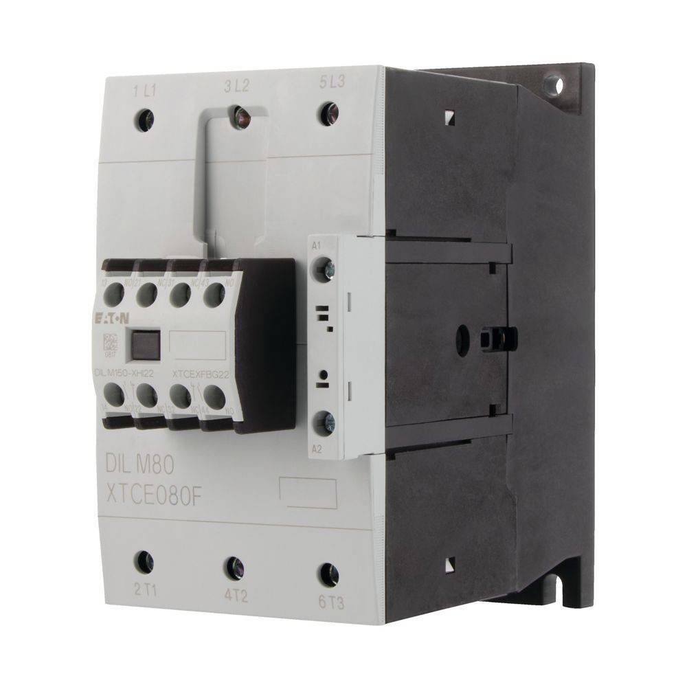 Eine Nahaufnahme einer elektrischen Komponente, beschriftet mit 'DIL M80 XTCE080F', höchstwahrscheinlich ein Schütz, mit Anschlusspunkten und Befestigungsmaterial.