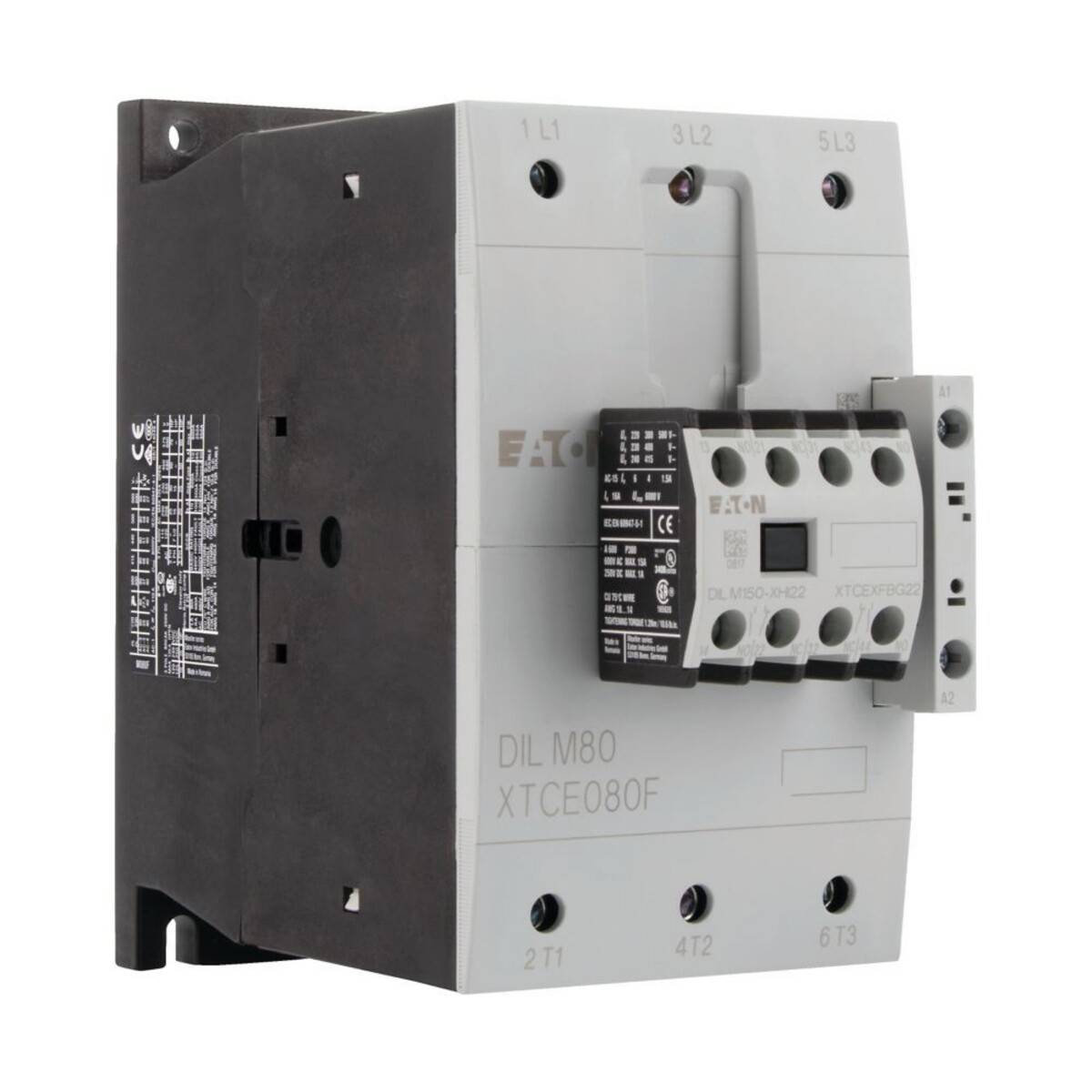 Großer elektrischer Schütz mit der Bezeichnung 'EATON DIL M80 XTCE080F' mit Klemmverbindungen und Produktspezifikationen.