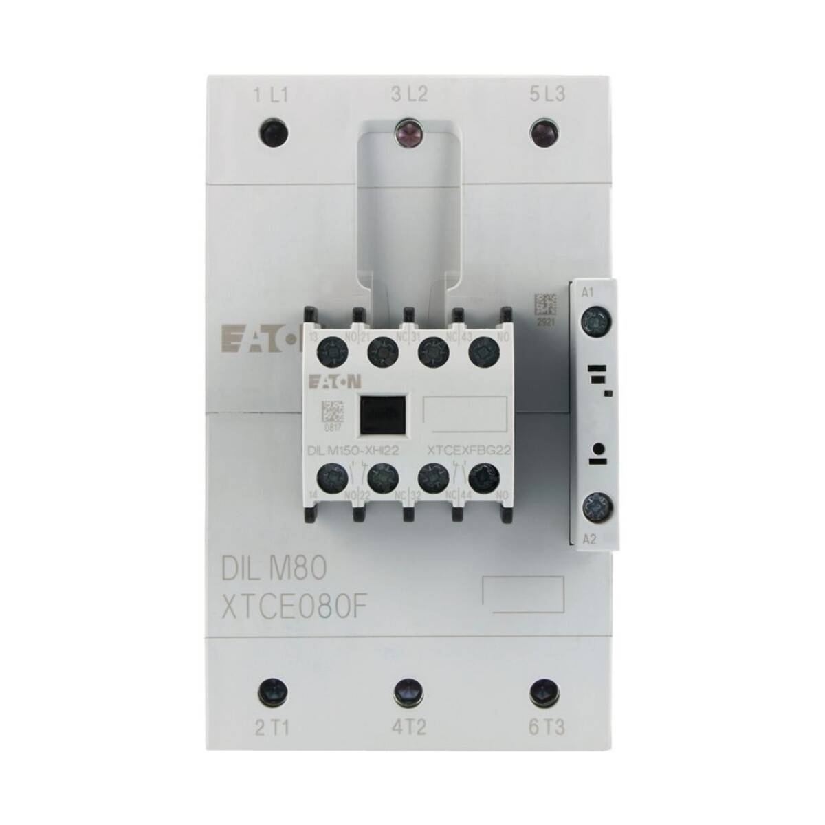Elektrischer Schütz mit der Bezeichnung 'Eaton DIL M80 XTCE080F' mit mehreren Schraubanschlüssen.