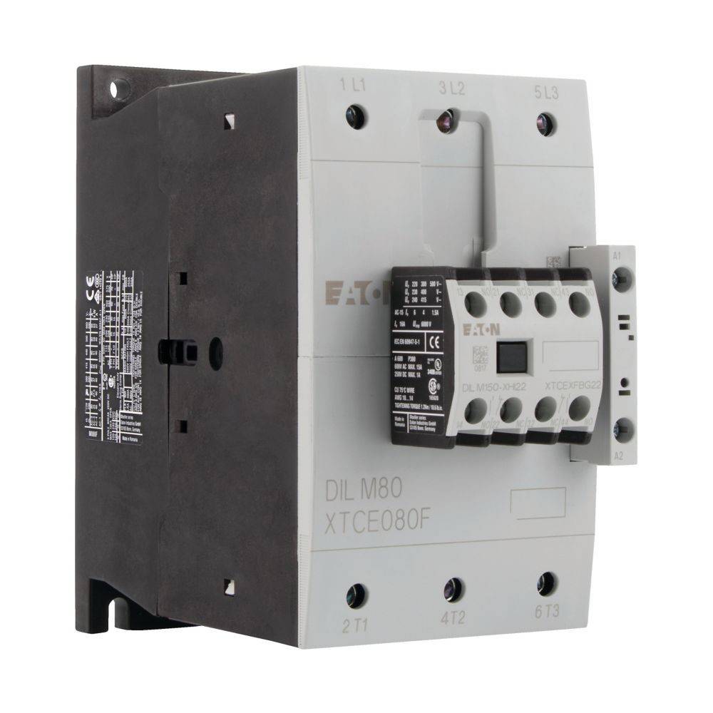Ein Eaton DIL M80 XTCE080F Schütz, ausgestattet mit mehreren Schraubklemmen, verwendet zur Steuerung von Elektromotoren und anderen Lasten.