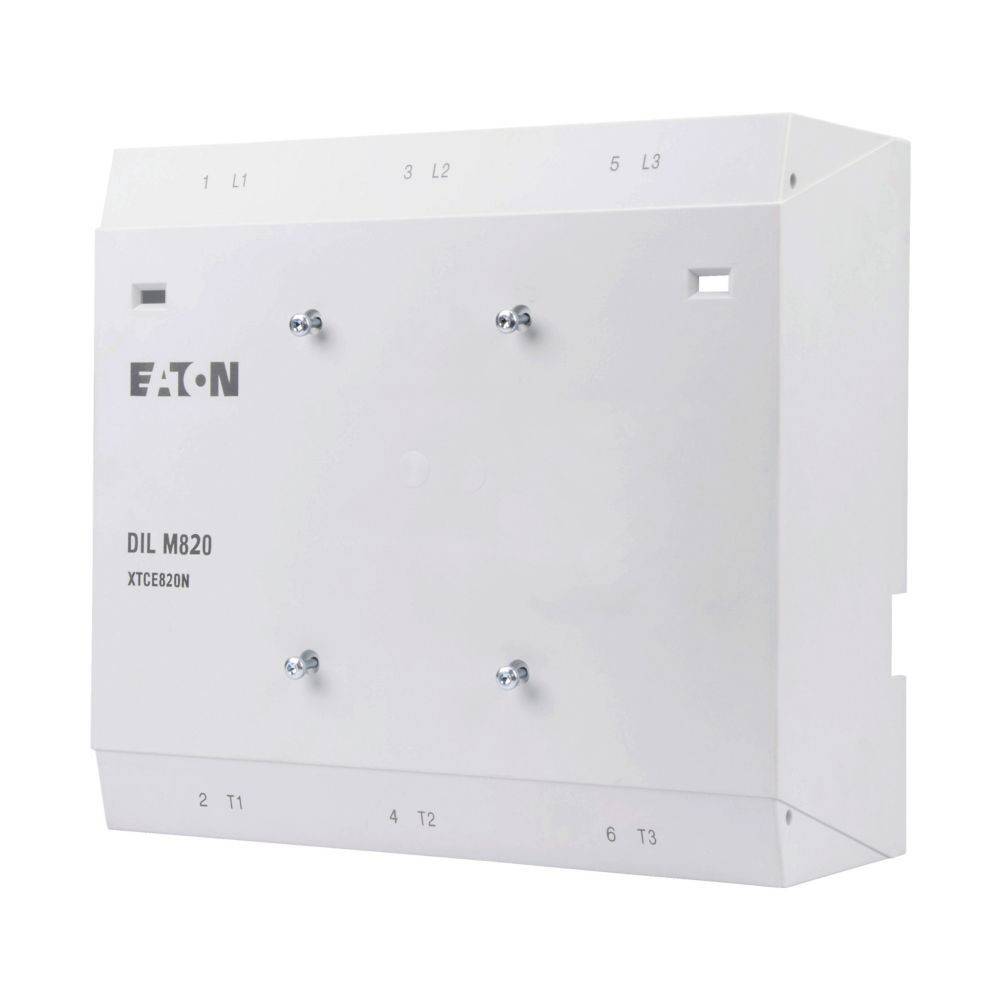 Weißes elektrisches Bauteil mit der Beschriftung 'Eaton DIL M820', das mehrere Anschlusspunkte aufweist.