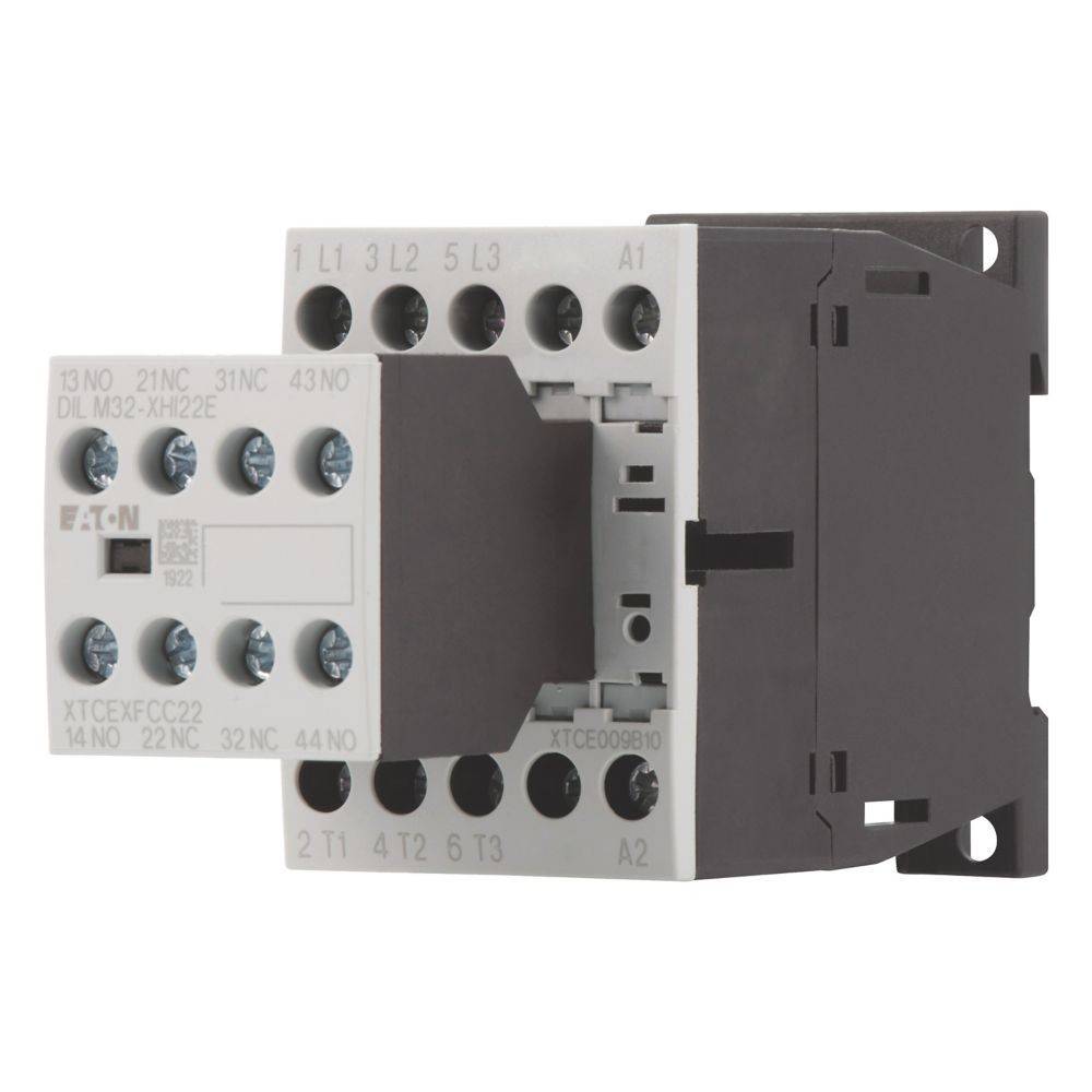 Ein grau-schwarzer Schütz mit mehreren Anschlusspunkten und beschrifteten Klemmen, der zur Steuerung elektrischer Stromkreise verwendet wird.