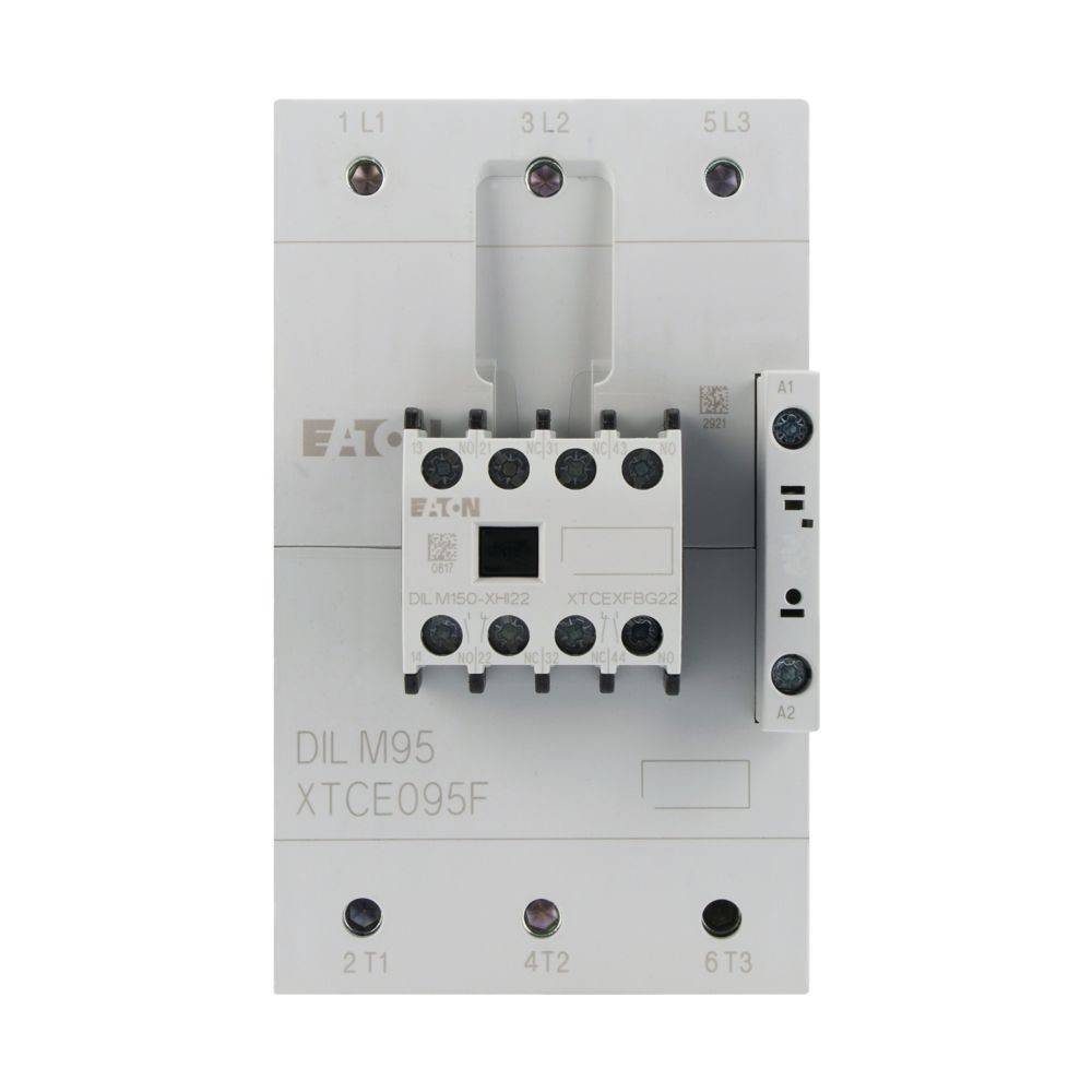 Vorderansicht eines Eaton-Schützes mit beschrifteten Eingangs- und Ausgangsklemmen. Modellnummer DIL M95 und XTCE095F sichtbar.