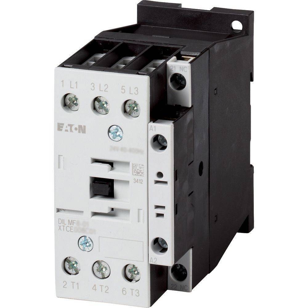Ein weißer und schwarzer elektrischer Schütz mit mehreren Anschlusspunkten, auf der Vorderseite mit 'Eaton' und 'DILM15-10' beschriftet.