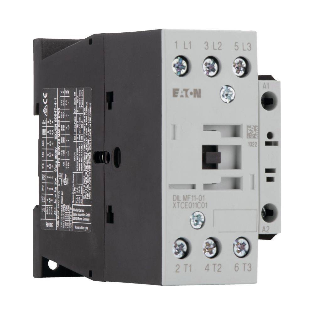 Eaton DIL MF11-D01 Schütz' mit beschrifteten elektrischen Anschlussklemmen für Verbindungen an der Vorderseite. Schwarzes und weißes Design mit Herstellerangaben.