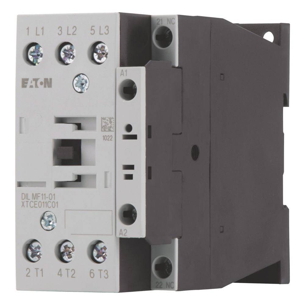 Eaton DILM11-01 Schütz, 3-polig, industrielle Ausführung mit beschrifteten Anschlüssen für elektrische Verbindungen, verwendet zur Motorsteuerung.