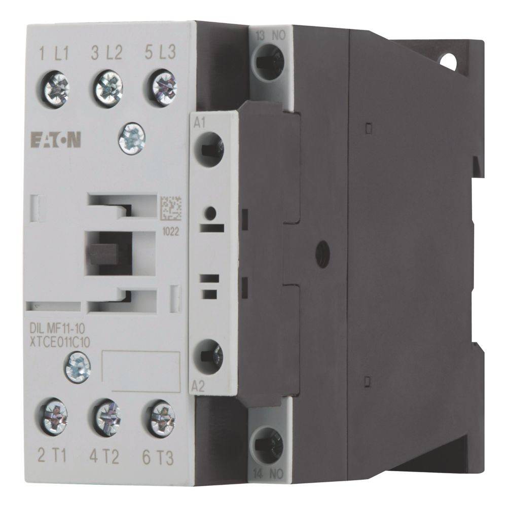 Ein weißer und schwarzer industrieller Elektrokontaktor mit der Beschriftung 'EATON' und Modelldetails darauf geschrieben.