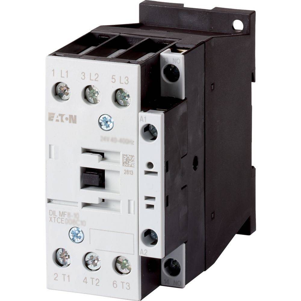 Elektrischer Schütz mit beschrifteten Anschlüssen, in einem schwarzen und weißen Gehäuse. Verwendet zum Schalten eines elektrischen Stromkreises.