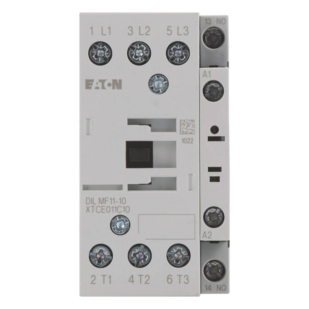 Eaton DIL MF11-10 Schütz mit beschrifteten Anschlüssen für Leistungsverbindungen L1, L2, L3 oben und T1, T2, T3 unten sowie Steueranschlüssen rechts.