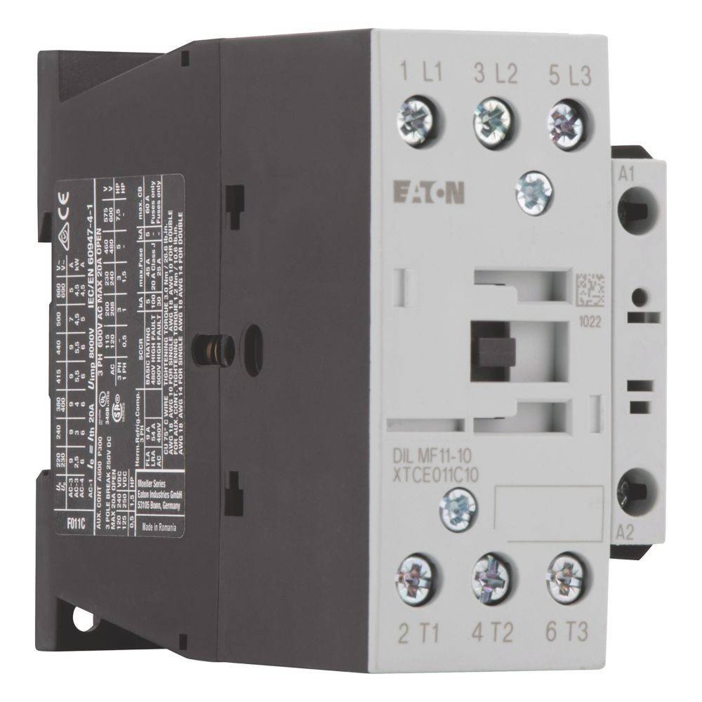 Eaton DIL MF11-10 Schütz, mit Anschlussklemmen auf der Vorderseite, beschriftet mit L1, L2, L3, T1, T2, T3, A1 und A2.