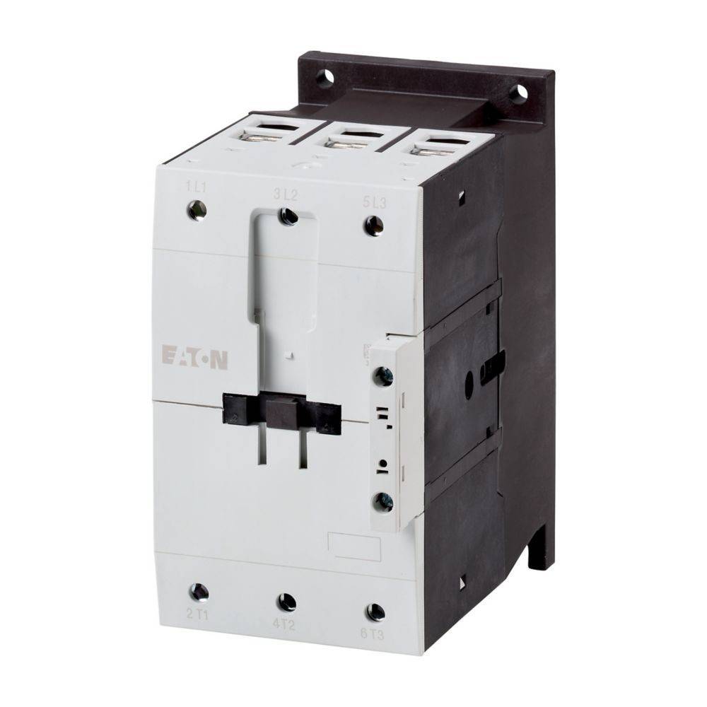 Ein weißer und schwarzer elektrischer Kontaktor der Marke 'Eaton' ist abgebildet. Auf der Ober- und Seitenseite sind sichtbare Anschlussklemmen für die Verkabelung vorhanden.