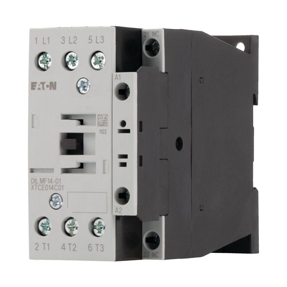 Eaton DIL M Schütz, Modell XTC0E14C01, mit Klemmenbeschriftungen für elektrische Anschlüsse auf der Vorderseite, für den industriellen Einsatz konzipiert.